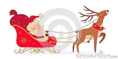 Happy Santa Claus character riding red sleigh with reindeer, delivering bag with gifts Vector Illustration