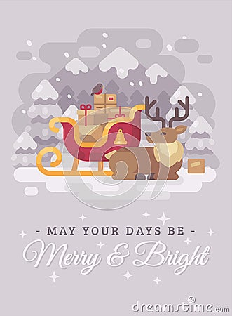 Happy Santa Claus reindeer lying down near a sleigh with presents. Christmas greeting card flat illustration. May your days be Vector Illustration
