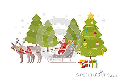 Happy Santa Claus sits in sleigh carried by reindeers and rides through snowy forest at Christmas eve to deliver gifts Vector Illustration