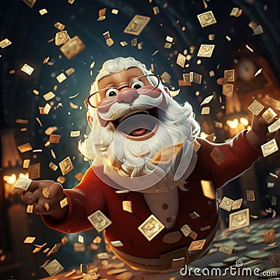 Happy Santa Claus throws money in the air. 3D illustration. Generative AI Cartoon Illustration
