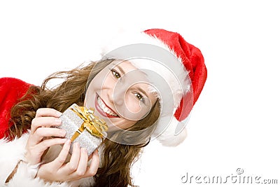 Happy Santa Claus woman holding Christmas gift box Stock Photo