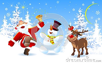 Santa with a Christmas bell, a reindeer and a snowman rejoice at the coming of Christmas Vector Illustration