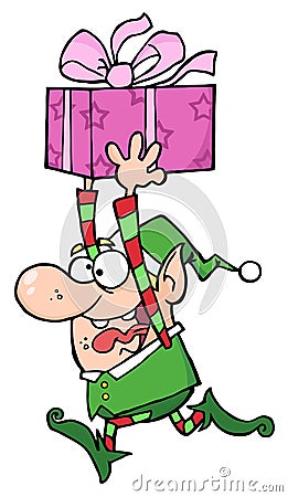 Happy santa's elf runs with gift Vector Illustration