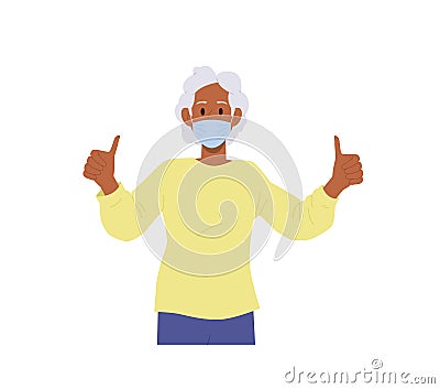 Happy satisfied elderly woman cartoon character wearing medical facial mask showing ok gesture Vector Illustration