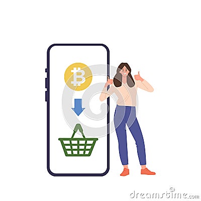 Happy satisfied woman cartoon customer character using cryptocurrency ewallet for payment Vector Illustration
