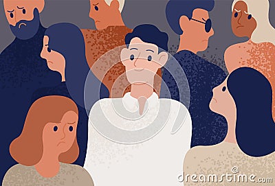 Happy and satisfied young man surrounded by depressed, unhappy, sad and angry people. Smiling person in crowd. Funny Vector Illustration