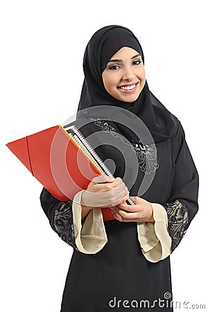 Happy saudi Arab student holding folders Stock Photo