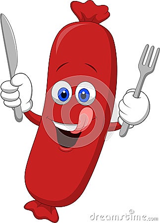 Happy Sausage Cartoon Mascot Character With Fork and Knife Vector Illustration