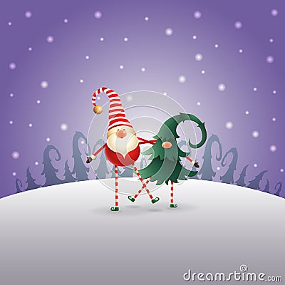 Happy Scandinavian Gnomes friends playing and dancing on purple winter night landscape Vector Illustration