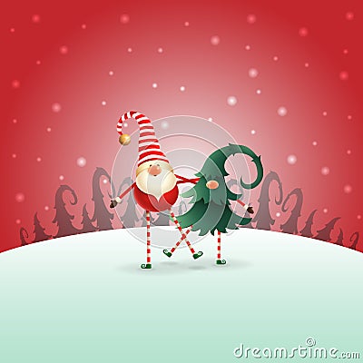 Happy Scandinavian Gnomes friends playing and dancing on red winter night landscape Vector Illustration