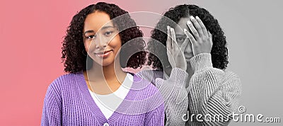 Happy, scared, sad millennial black lady feeling bad, cover face with hands Stock Photo