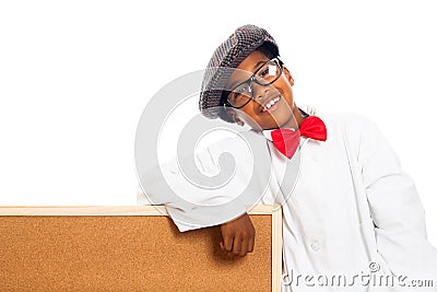 Happy school boy and cork board Stock Photo