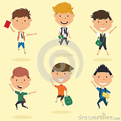Happy school boys jumping outdoor. Vector Illustration