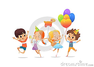 Happy school children with the balloons and birthday hats joyfully jumping against white background. Birthday party Vector Illustration