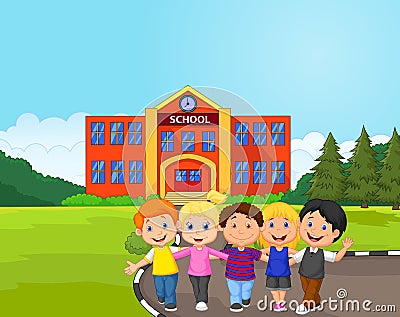 Happy school children cartoon in front of school Vector Illustration