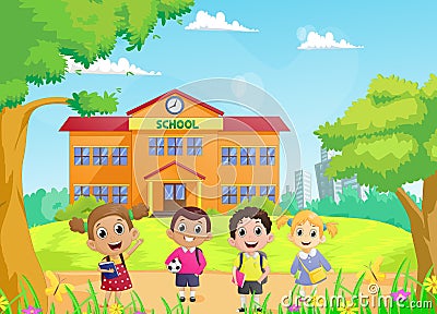 Happy School children in front of the school building Vector Illustration