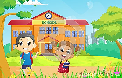 Happy School children in front of the school building Vector Illustration