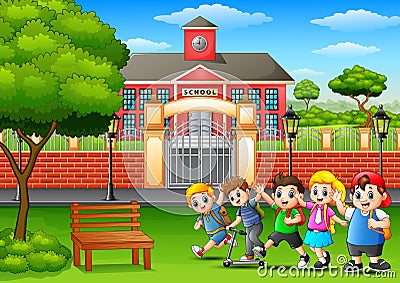 Happy school children playing in front of school building Vector Illustration