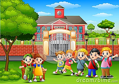 Happy school children standing in front of school building Vector Illustration