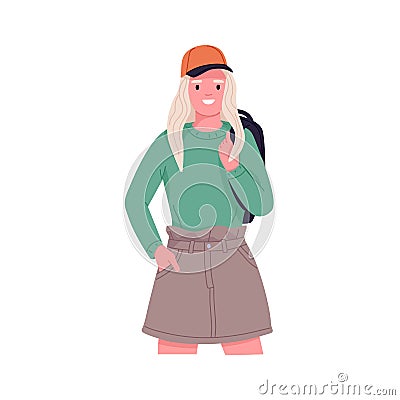 Happy school girl. Modern smiling teenager portrait. Young student in cap and skirt, standing with schoolbag. Trendy Vector Illustration