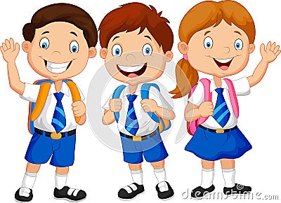 Happy school kids cartoon waving hand Vector Illustration