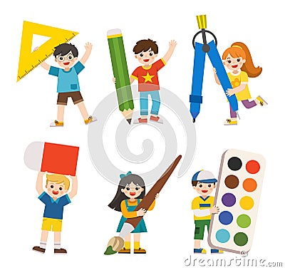 Happy school kids with elements of school. Vector Illustration