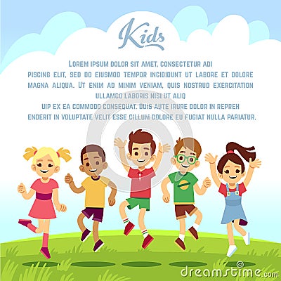 Happy school kids, fun friends jumping and playing togeter outdoors. Summer holiday vector background Vector Illustration