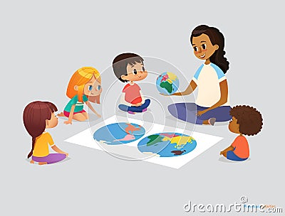 Happy school kids and teacher sit in circle around atlas Vector Illustration