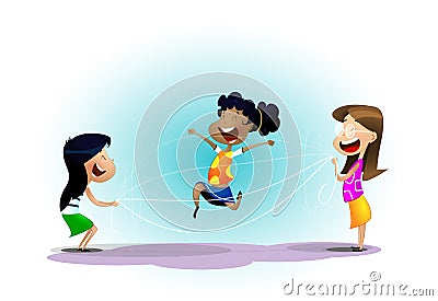 Happy school multiracial children joyfully jumping rope Vector Illustration