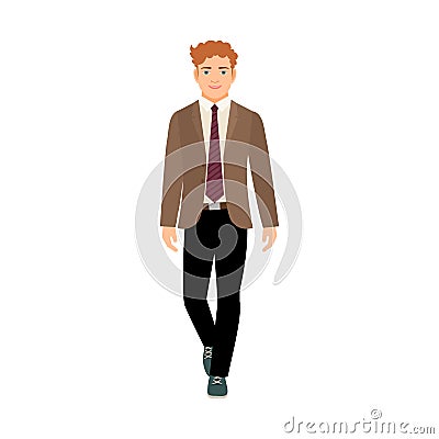 Happy schoolboy in brown jacket Vector Illustration