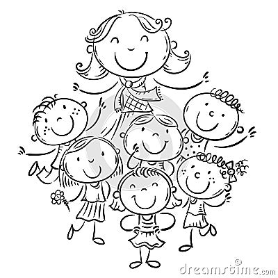 Happy schoolkids with their teacher, school or kindergarten illustration Vector Illustration
