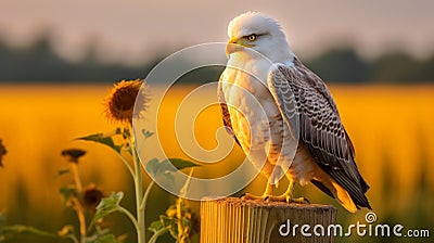 Happy Seagull Poses On Farm Fence Post With Lush Cornfield Background Stock Photo