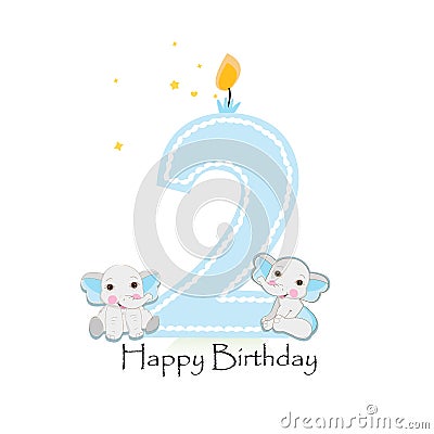 Happy second birthday with baby boy elephants baby greeting card Vector Illustration