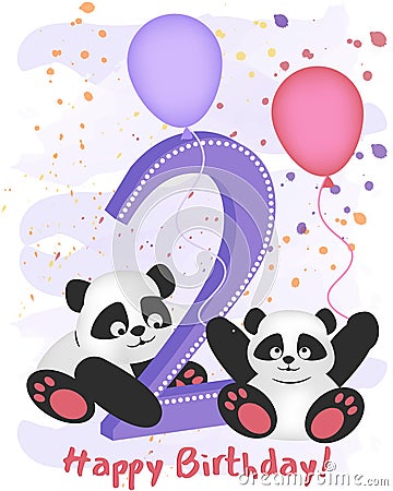 Happy second birthday. Greeting card with pandas. Vector Illustration