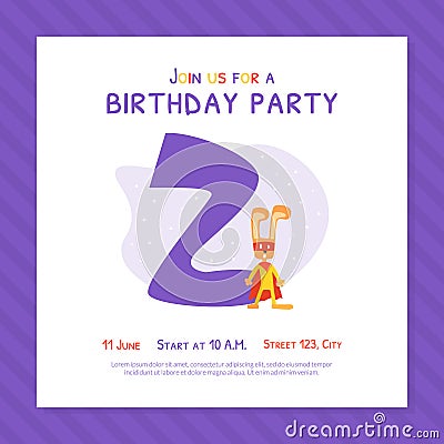 Happy Second Birthday Invitation Card Template, Birthday Anniversary Number with Cute Bunny Superhero Animal Cartoon Vector Illustration