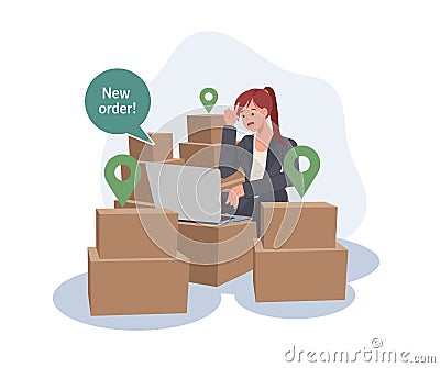 Happy selling products online.woman seller check product order for delivery to customer. Online selling, e-commerce, shipping Vector Illustration