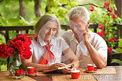 Senior couple drinking coffee Stock Photo