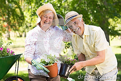 Happy senior couple gardening Stock Photo