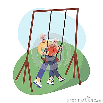 Happy senior couple, husbund swing her wife on a swing. Elderly man and woman lead active lifestyle. Grandmother and Vector Illustration