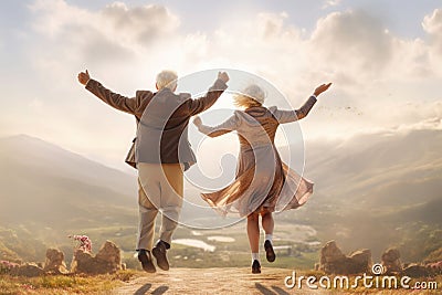 Happy senior couple jumping. View from behind on blurred background. Generative AI Cartoon Illustration