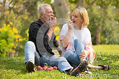 Happy senior couple relaxing in park eating apple together morning time. old people sitting on grass in the autumn park . Elderly Stock Photo