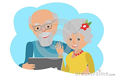 Happy senior couple with tablet. Vector illustration cloud icon Vector Illustration