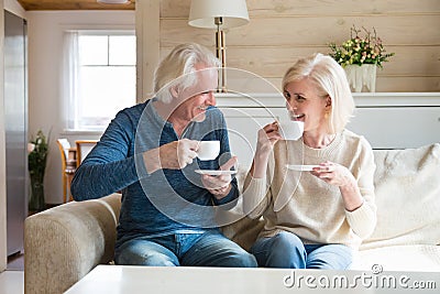 Happy senior couple talking having fun enjoying tea at home Stock Photo
