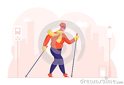 Happy Senior Lady Hiking Training on City Street. Aged Woman Engage Outdoors Sport. Elderly Lady Nordic Walk Open Air Vector Illustration