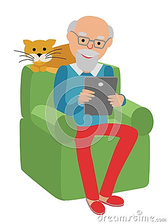 Happy senior man sitting on the sofa read newspaper and rest with cat. Vector Illustration