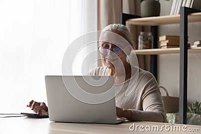 Happy senior older landlady woman in glasses counting annual income Stock Photo