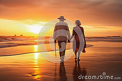 Happy senior retired couple walking a beach Stock Photo