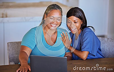 Happy senior woman and caregiver with laptop excited over video call, news or streaming exciting movie. Wow Stock Photo