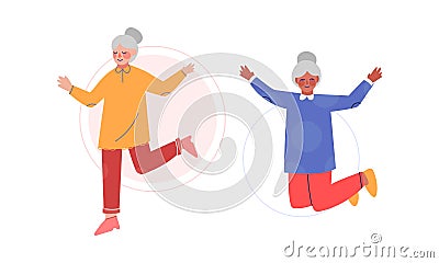 Happy Senior Woman Character Jumping Feeling Jubilation Vector Set Vector Illustration