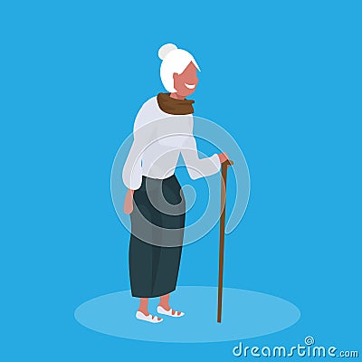 Happy senior woman standing with walking cane female elderly cartoon character full length blue background flat Vector Illustration